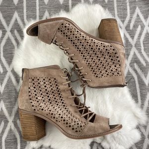 Vince Camuto Laser Cut Tan Heeled Booties Open Toe